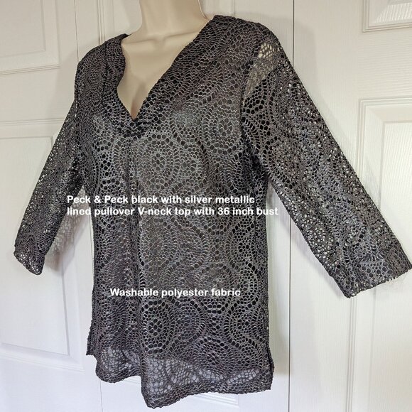 Peck & Peck black w/silver metallic lined pullover V-neck top, 36" bust, Dressy - Picture 1 of 14